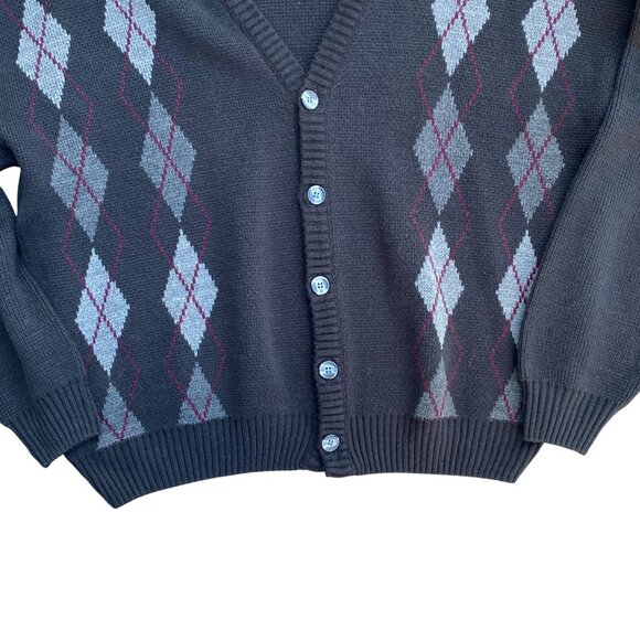 Vintage Van Heusen Mens Argyle Cardigan Sz L Black Button Academia Grandpa - Picture 6 of 11